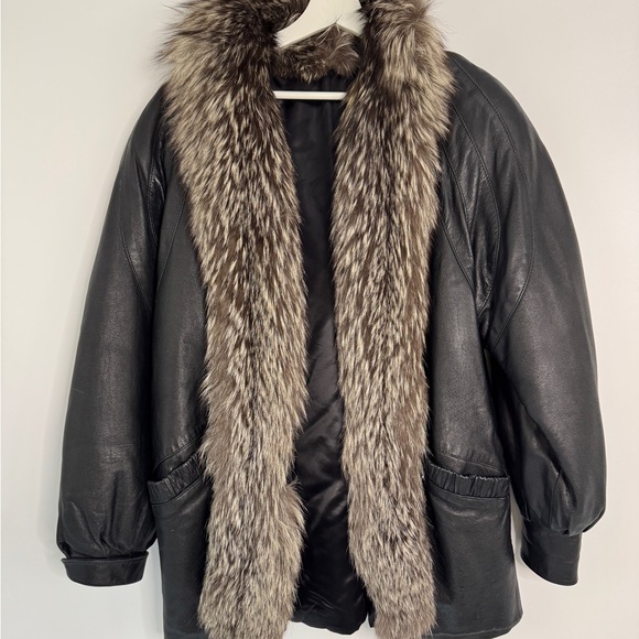 Vintage Real Leather Winter Jacket Silver Fox Real Fur Trim Black - Picture 1 of 8